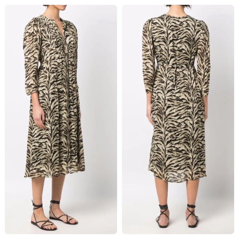 NWT ba&sh Imany Animal Print V-Neck Tie Back Midi Dress Sz 3 Large